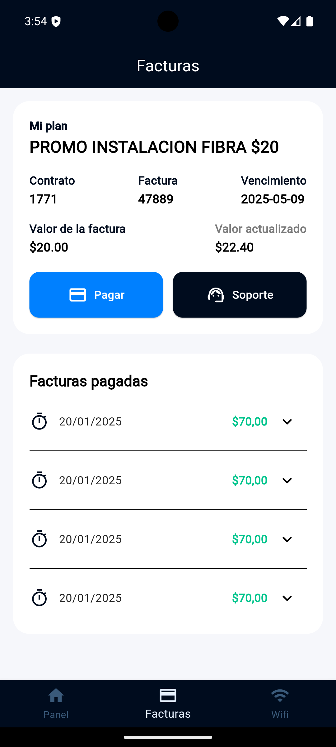 Captura de pantalla de la aplicación Urdatel mostrando la sección de gestión de planes y configuración de cuenta